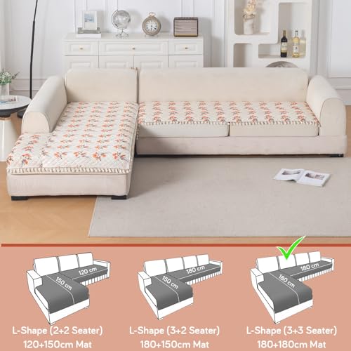 Image of HOKIPO Autumn Blossom L Shape (3+3 Seater) Sofa Seat Mat with Tassel| Quilted Sofa Cover Mat, 'Tassel Twigs' Series (IN-986-T5*2)
