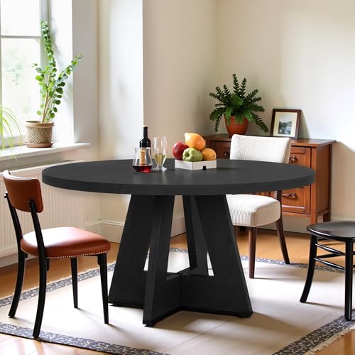 Osparple Round Dining Table for 4, 47 Inch Dinner Table Farmhouse Wooden Circle Kitchen Tables with Cross Base for Dining Room, Kitchen, Living Room, Black