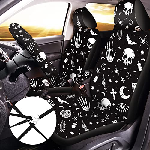 15 Pieces Moon and Stars Car Seat Cover Full Set for Women Men Upgrade Thick Car Front Seat Covers Universal Steering Wheel Cover Separate Headrest Cover Seat Belt Pads(Skeleton Cat Pattern) - Image 3