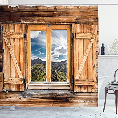 ABAKUHAUS Montagne Rideau de Douche, Montagnes et Vallées, Tissu Ensemble de Décor de Salle de Bain avec Crochets, 175 cm x 200 cm, Multicolore