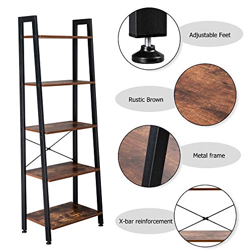 Costoffs Industrial Bookcase Storage Shelves 5-Tier Ladder Bookshelf Shelving Unit For Bathroom/Living Room/Entryway/Bedroom/Office/Plant Rustic Brown (22'' X 14.96'' X 64.96'') #TOP4