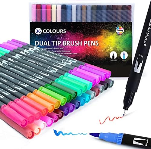 Colouring Pens for Adults Scherry Dual Tip Brush Pens Pack 36 Felt Tip Coloured Art Pens for Adults, Kids Markers for Calligraphy Comic Lettering Journaling Painting Adult Colouring Fineliner Pens Set