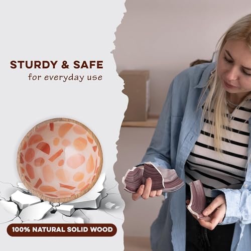 Image of Mango Wood Snack Bowls - Set of 1 Orange, Boho Decorative Bowl with Food Safe Designer Inlay. 4 inch Wooden Bowl for Salad, Fruit, Nuts, Cereals, Handmade Orange Bowls for Kitchen