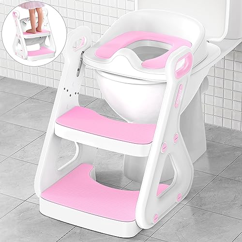 Image of Gimars Upgrade Ultra-Stable 2 In 1 Multifunctional Toddler Potty Seat For Toilet with Setp Stool, Potty Traning Toilet For Boys Girls With Widened Ladder,Comfortable Safe Potty Seat With Handrail,Pink