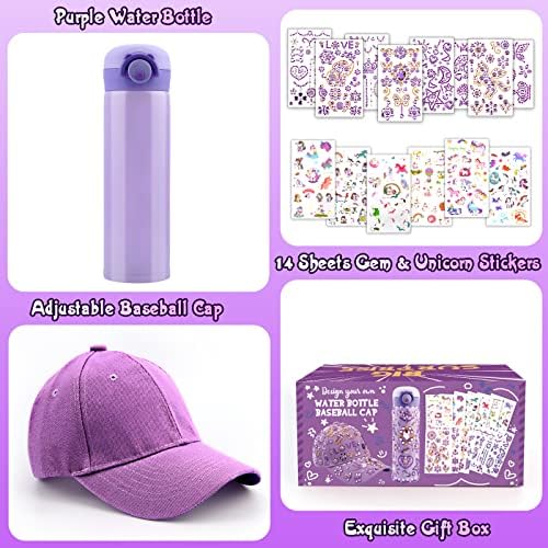 Gifts for Girls DIY Water Bottle and Baseball Cap, Decorate Your Own Water Bottle with Glitter Gem and Unicorn Stickers, Girls Birthday Present Age 4 5 6 7 8 9 10, Cap & Bottle Craft Kit for Kids Girl
