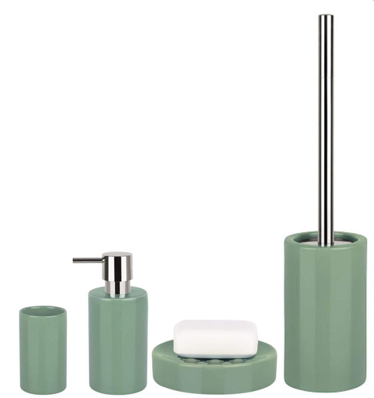 Spirella Set de 4 accessoires de salle de bain en porcelaine, distributeur de savon, porte-savon, brosse WC et gobelet Vert