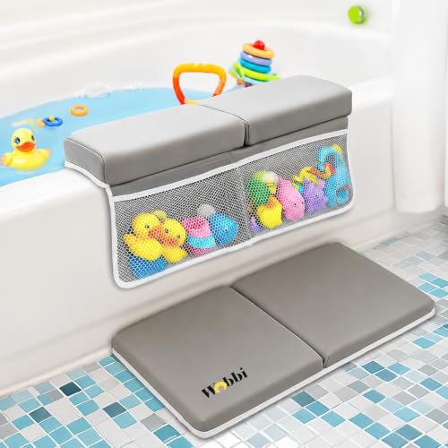 Image of Wobbi Comfortable Bath Kneeler and Elbow Rest Pad Set | 6 Suction Cups for Slip-Resistant Stability | 1.5 inch Thick Memory Foam Bath Kneeling Pad with 4 Storage Pockets (Grey)