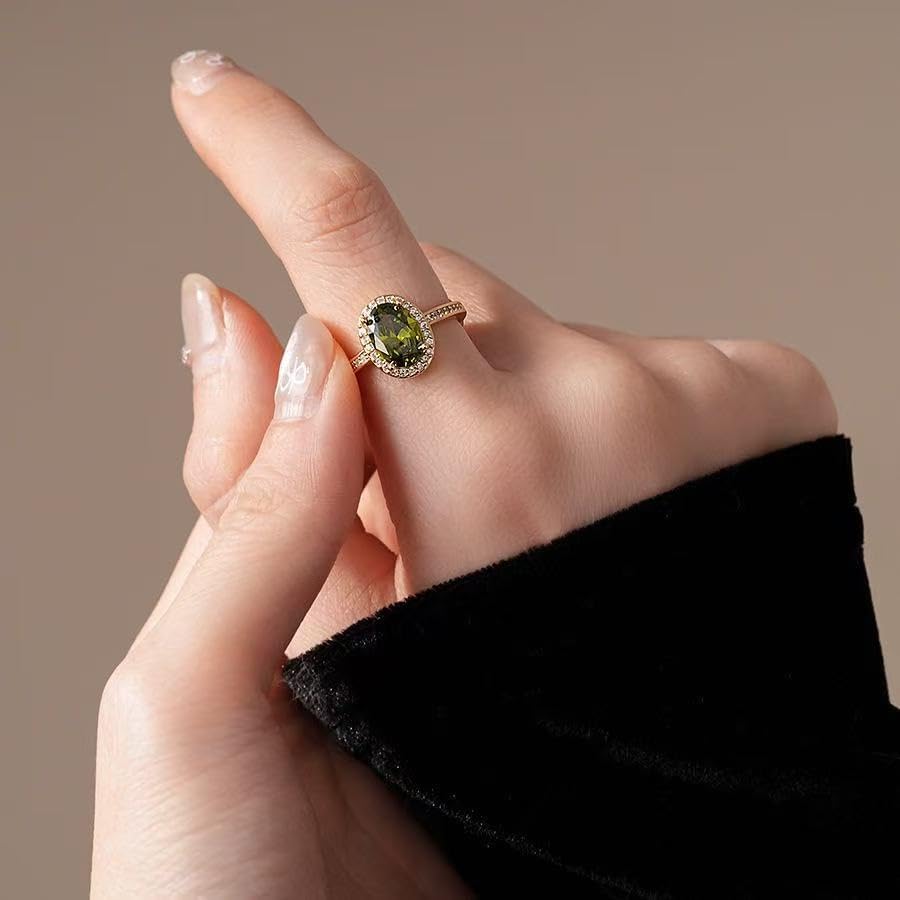 Elegant Gold Plated Ring with Oval Green Crystal and Rhinestone Accents, Adjustable - Image 3
