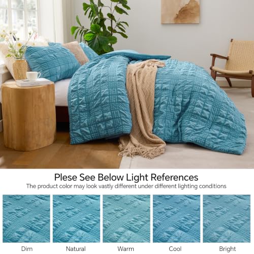 Image of BEDELITE King Size Comforter Set, Seersucker Bedding Set 3 Pieces, Blue Fog | All Season Use, Machine Washable, Soft and Lightweight, Ruched Comforter for Bedroom, Wrinkle-Resistant, Cozy and Stylish