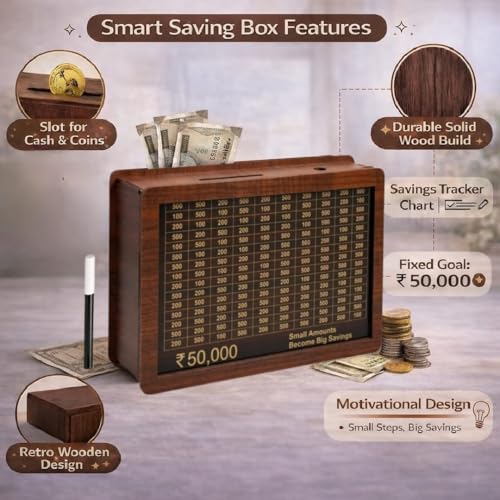 Image of PulGos 50k Wooden Money Saving Box with Marker, Goal Counter Piggy Bank