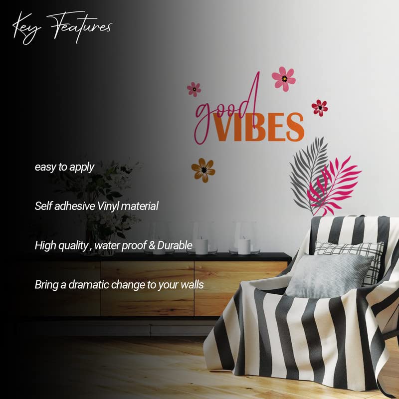 Image of Kotart - Pink and Orange Flowers and Leaf Printed Wall Stickers for Living Room Bedroom Kids Room - Good Vibes Vinyl Wall Decals for Studio and Home Decor