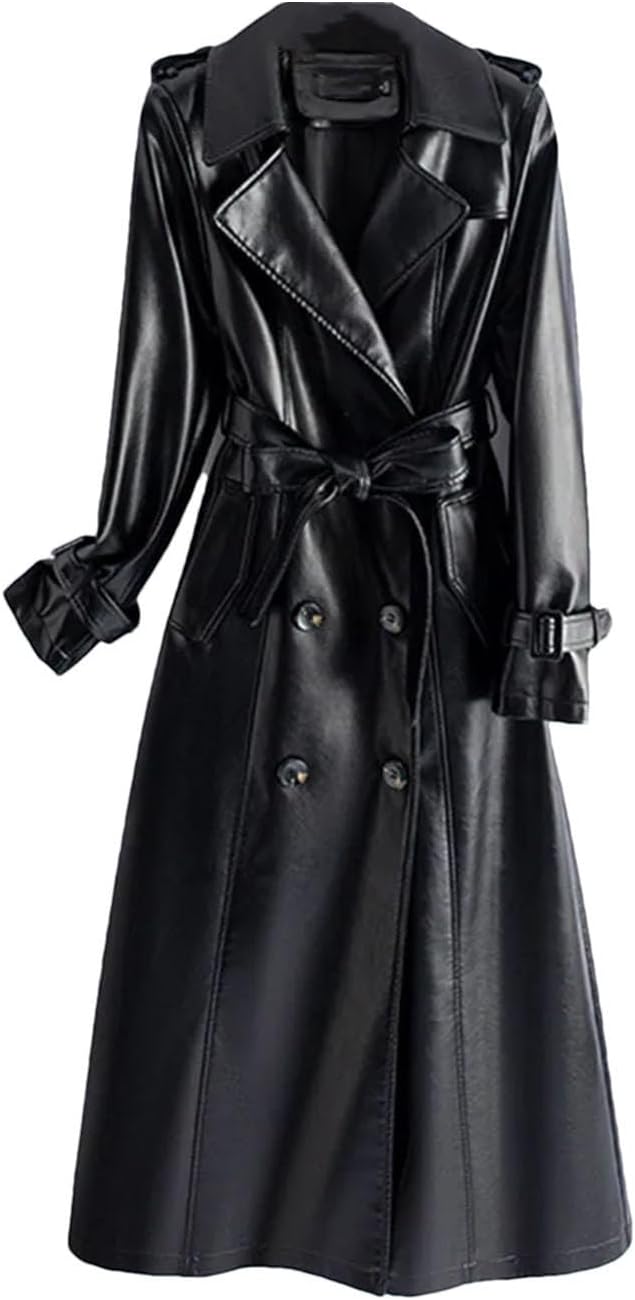 Women Double-Breasted Lace-Up Belt Genuine Leather Trench Coats Mid Length Women Real Sheepskin Windbreaker