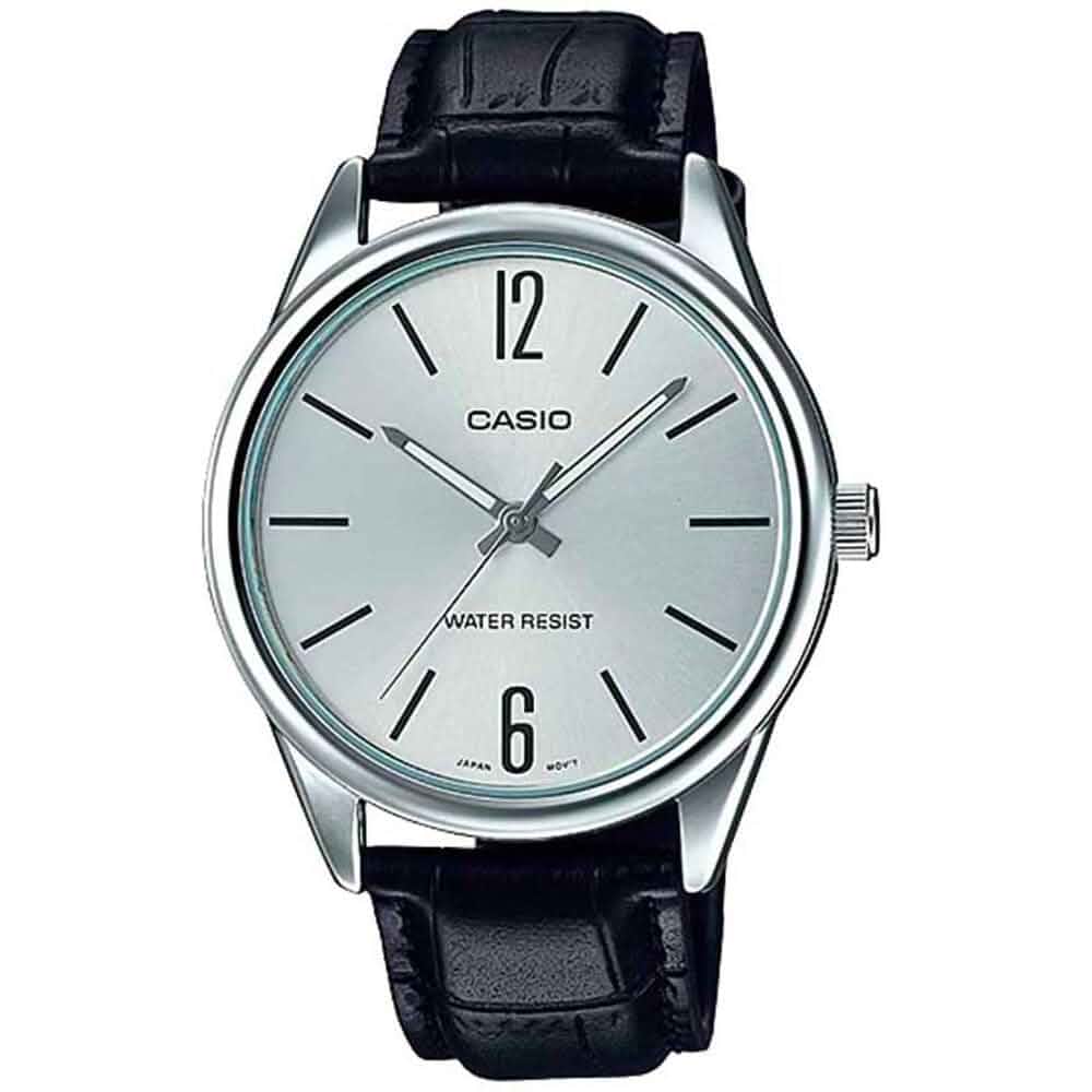 Casio #MTP-V005L-7B Men's Standard Analog Black Leather Band Silver Dial Watch Leather