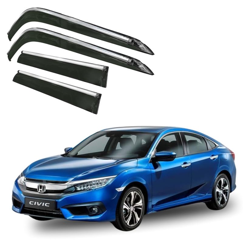 Image of CAR SAAZ Side Door Visors for Civic (2019-2022)(Set of 4Pcs)|Chrome Lined Rain Guards, Polycarbonate, Smoke Finish