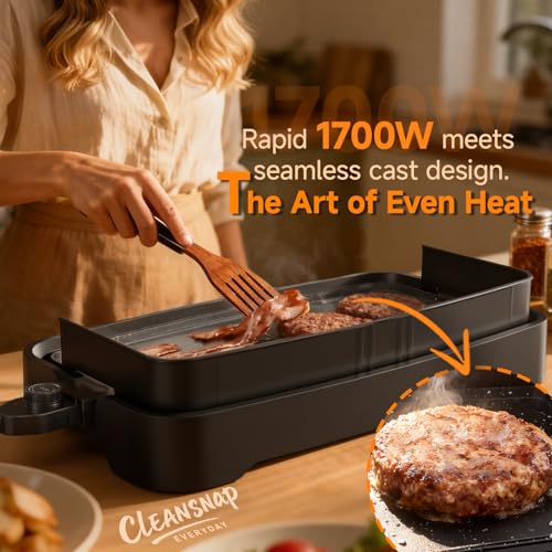 Image of Cleansnap Everyday Electric Griddle, 20 inch Nonstick Grill with Foldable Anti-Mess Shield, 1700W Fast Heating, ILAG Ultimate Coating, Dishwasher-Safe Removable Plate, Midnight Black