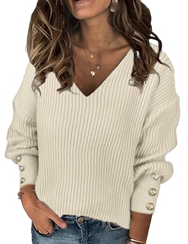 Women's Oversized V Neck Button Sweaters Fall 2024 Dressy Casual Lightweight Ribbed Knit Pullover Sweater