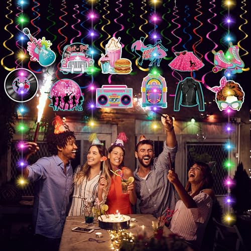Image of Skyygemm 56 Pcs 50s 60s 80s Hanging Decorations with Lights Hippie Tie Dye Peace Love Groovy Retro Rock and Roll Cutouts Ceiling Streamers for Birthday Neon Back to 1950s 60s 80s Party Supplies(50s)