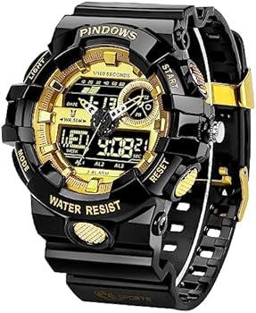 PINDOWS Herenhorloge, digitaal, sport, heren, met waterdicht, licht, 3 groepen, alarm, analoog, digitaal, countdown, stopwatch, enz. Multifunctioneel polshorloge, Asgoud, riem