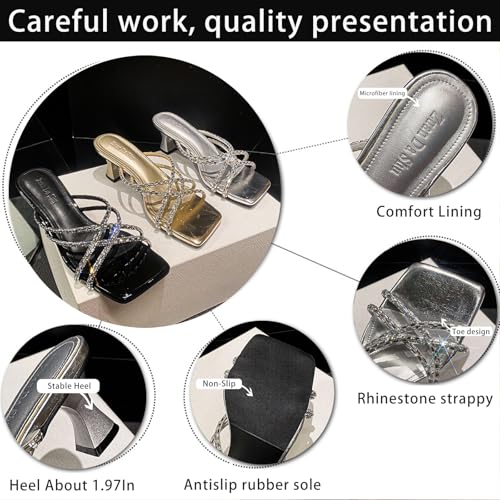 Women's Rhinestone Strappy Kitten Heels Sandals Comfortable Soft Insole Square Open Toe Slip On Low Heel Sandals for Summer Casual Dressy Party Wedding3