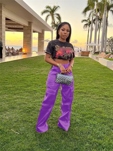 CALEBGAR Womens Cargo Pants Casual High Wasited Wide Leg Parachute Pants with Pockets4