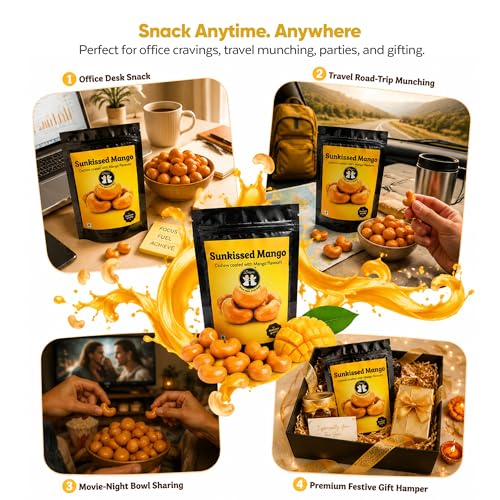 Image of DRIYOZ Sunkissed Mango Cashews 250g | Premium Crunchy Kaju Coated with Sweet & Tangy Mango Flavour Granules | Tropical Fruity Nut Snack for Gifting, Travel & Parties