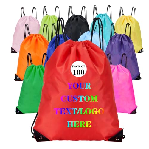 Custom Bags With Your Logo Set of 100 Custom Backpack Draw String Bags Pack Bulk for Travelling Swimming Gym Everyday Use (Red)