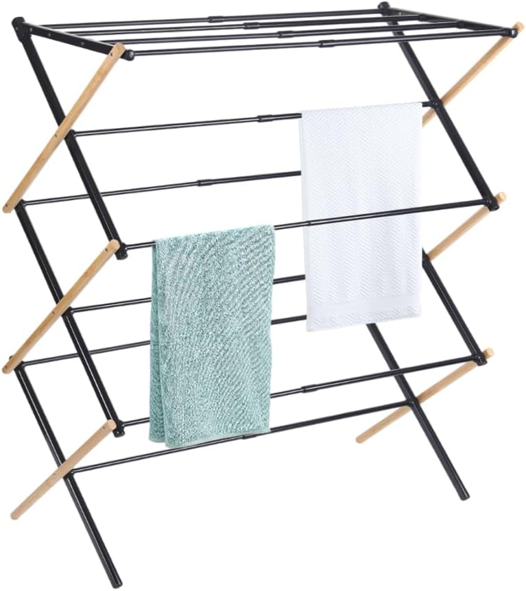 BAOYOUNI Collapsible Clothes Drying Rack Expandable Laundry Hanger Foldable Clothing Garment Towels Dry Holder, Bamboo + Black (16.92-29.52) X 14.56 X 41.33inches