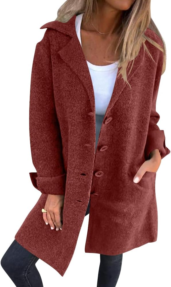 Showncer Manteau Femme Automne Hver Manches Longues Trench Coat Chaud Revers Couleur Une