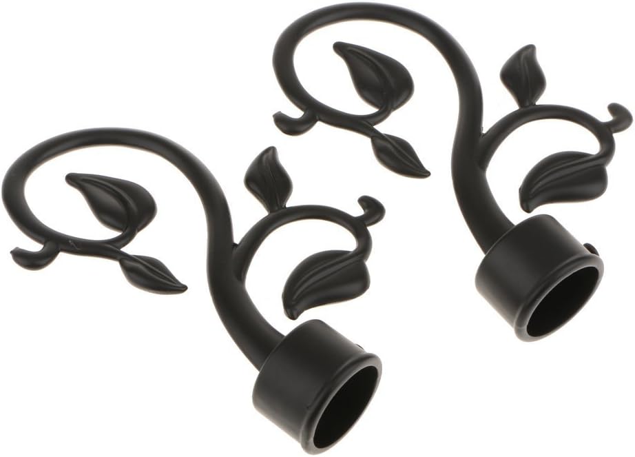 SGerste 1 Pair Drapery Curtain Rail Rod Decorative Aluminum Alloy Head Cap Finials Fits Dia. 28mm Rods for Home Window Decor Leaf#Black