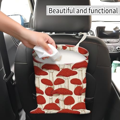 Image of Car Trash Can, Hanging Garbage Bin for Men and Women, Cute Car Organizer and Storage Bag, Canvas Vehicle Trash Can Bag Easy-to-Install Cute Red Mushroom