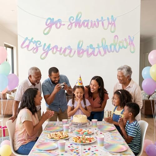 Image of BEISHIDA Go Shawty It's Your Birthday Banner NO DIY Hip Hop Theme Happy Birthday Banner Pre-Strung Rap Theme Happy Birthday Sign for Man Women birthday Party Supply Glitter Light Rainbow
