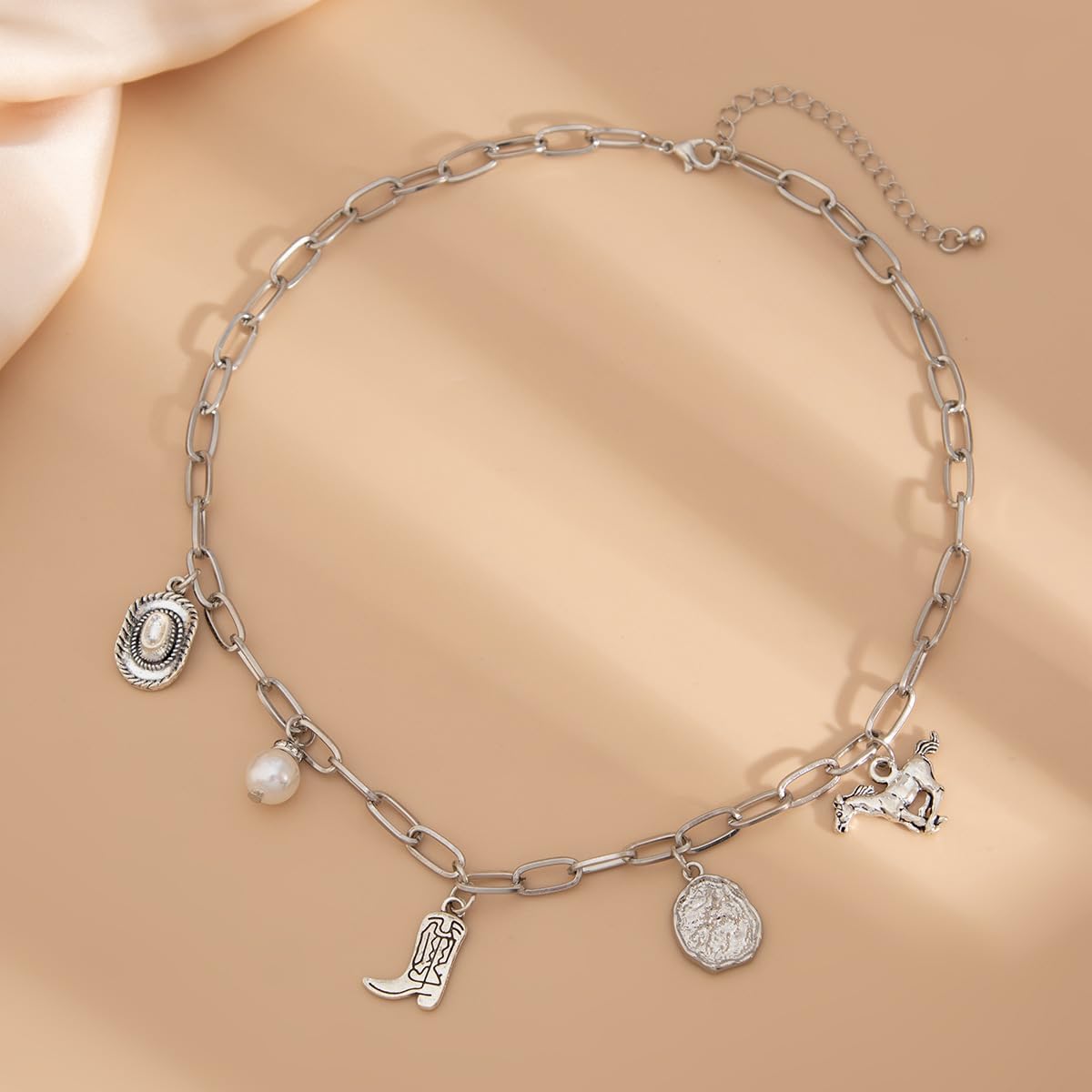 Cowboy Boots Hat Charm Necklace for Women Men Retro Western Style Cowgirl Irregular Pearl Coin Horse Dainty Boho Pendant Paperclip Chain Choker Vintage Country Rodeo Outfit Fashion Jewelry Gifts - Image 2