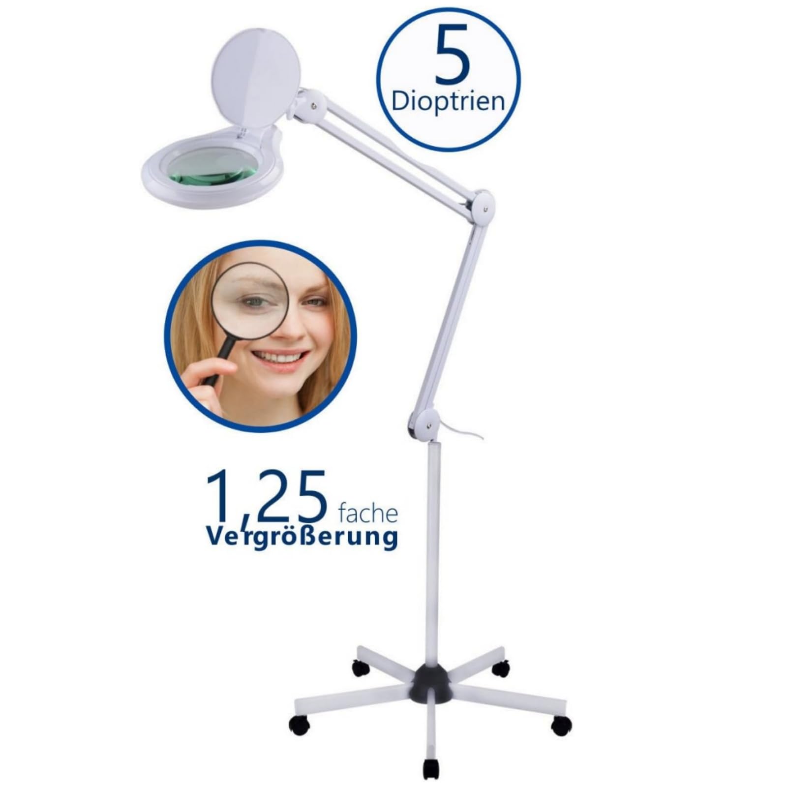 Lámpara LED con lupa con soporte, lámpara LED con lupa regulable, trípode enrollable, lente de 5 dioptrías de 125 mm, lámpara de lupa LED, brazo giratorio con iluminación, color blanco
