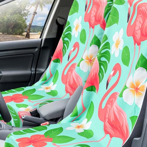 Image of Hahafelt 2 Pack Car Seat Towel Cover with Storage Bag, Green Leaf Flamingo | 63 x 32 in Car Towel Seat Cover Non Slip Waterproof, Gym Workout Swimming Running, Machine Washable Sweat Absorbent Protector