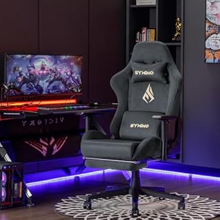 Symino Chaise Gaming Ergonomique et Fauteuil Gamer avec Repose-Pieds Télescopique Coussin à Ressorts, Support Lombaire et Hauteur Réglable 200kg (Faux Daim, Gris)