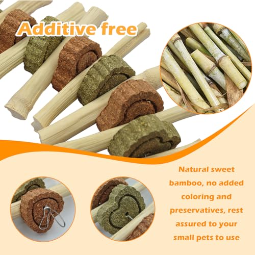 Image of 4 PCS Rabbit Chew Toys for Teeth Grinding, Delicious Bunny Cage Hanging Chew Toys, Natural Sweet Bamboo Chew Sticks and Timothy Grass Cake Hay Treats Maintaining Healthy Teeth for Rabbits
