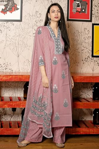 Image of GoSriKi Women's Cotton Blend Straight Hand Block Printed Kurta with Pant & Dupatta | Ethnic Wear for Women | Indian Casual Office Daily Summer Outfit