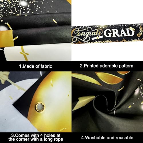 Image of Graduation Decorations 2026 | Xtralarge Black and Gold Congrats Grad Banner - 120x20 Inch | Graduation Banner | Black and Gold Graduation Yard Banner For Class Of 2026 | KatchOn