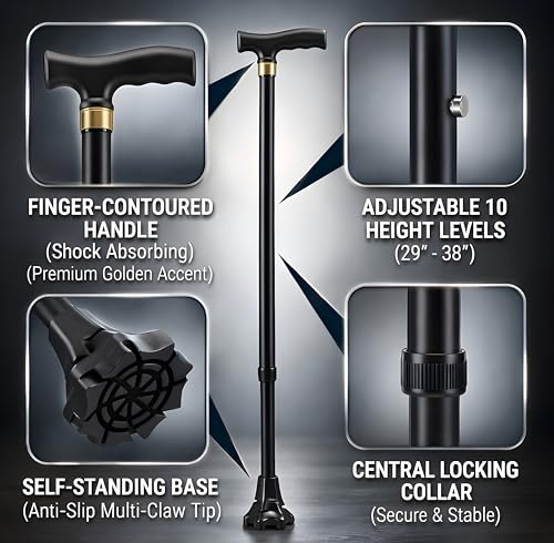 Image of MCP Jindal Premium Height Adjustable Walking Stick Aluminium Cane Trekking Support Stick for Men, Women & Old People (Black)