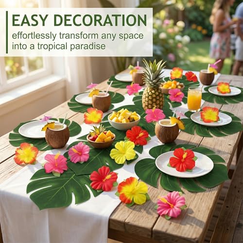 BAUCH 34 Stück Hawaii Deko Set - Künstliche Monstera Blätter und Hibiskus Blüten für Tropische Party, Luau Sommerfest, Tischdeko Dschungel Motto Geburtstag Dekoration