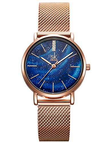 Alienwork Armbanduhr Damen Roségold Metall Mesh Armband Edelstahl Blau Ultra-flach Elegant