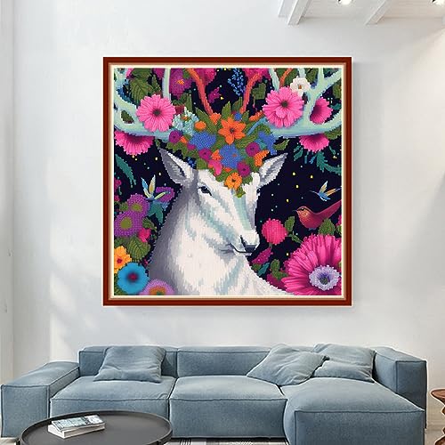 Image of Dimensean Stamped Cross Stitch Kits Full Range of Embroidery Patterns Starter Kits for Beginners Adult DIY Cross Stitches Needlepoint Kits 11CT-Elk Flower 17.7x17.7 inch