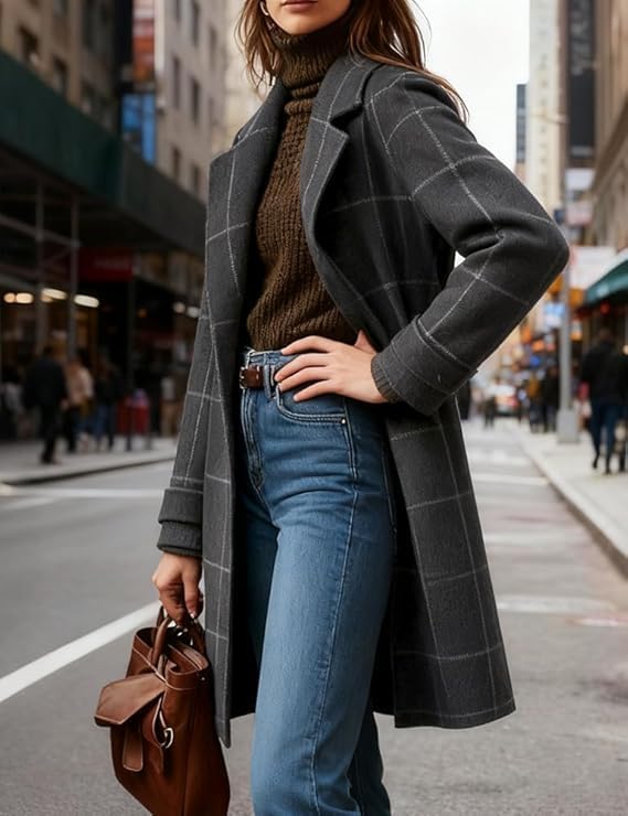 Plaid Wool Coats for Women Notched Lapel Casual Checkered Mid Long Dress Blazer Jackets Single Breasted Trench Coats Peacoats - Image 3