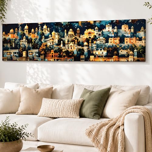 Image of Traditional Indian Cityscape Stretched Canvas Wall Art Painting for Living Room, Mughal Architecture Landscape Canvas Wall Decor For Livingroom, Bedroom, Office, Hallway's, Hotel 12x46 Inch