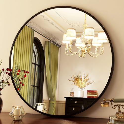 Image of HARRITPURE Round Mirror 24 Black Wall Mounted Circle Mirrors Vanity Mirror with Brushed Aluminum Alloy Frame Modern Decoration for Bathroom, Living Room, Vanity, Bedroom, Entryway