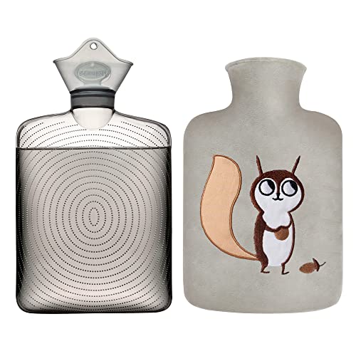 samply Hot Water Bottle with Cute Fleece Cover, 2L Hot Water Bag for Hot and Cold Compress, Hand Feet Warmer, Neck and Shoulder Pain Relief, Gray Squirrel
