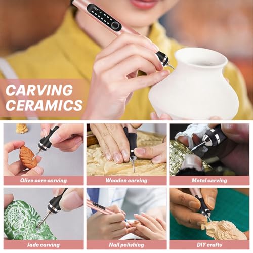 Image of Serplex Electric Engraving Pen with 37 Bits 4.2V USB Rechargeable Cordless Engraving Machine with 3-Speed 5000-18000 RPM Portable DIY Rotary Engraver for Jewelry Wood Glass Stone Crafts-Rose