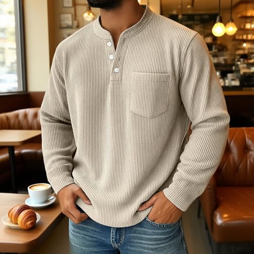 Mokaloha Mens Long Sleeve Shirts, Men's Simple Everyday Ribbed Stand Collar Pocket Casual Long Sleeve Henley Shirt3