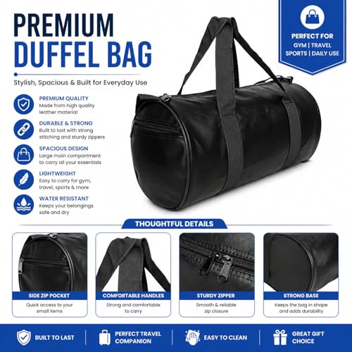 Image of Trendy & Classic Duffle Gym Bag for Men & Women Leather Gym Bag with Shoulder Strap Sports Bag Yoga & Travel Bag for Boys & Girls Duffle Bag & Travelling Bag Outdoor (Black)