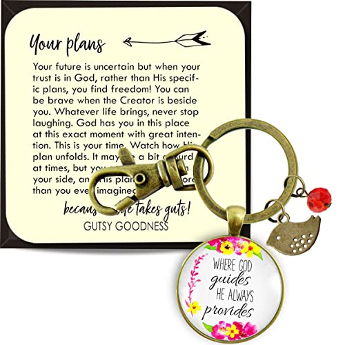 Bible Quote Keychain Where God Guides He Provides Boho Bronze Women's Jewelry, Key Ring - Handmade Watercolor Christian Promise Inspirational Pendant, Cross Charm, Sentimental Gift Message Card & Box